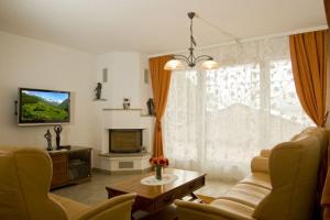 a living room with a couch and a tv at Residenz Ambassador B01 in Leukerbad