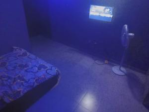 a dark room with a bed and a fan at B & B Paradise in Ibadan