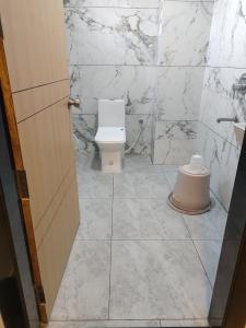 a bathroom with a toilet and a sink at Hotel Meridian Blue in Warangal