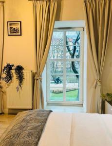 sypialnia z łóżkiem i dużym oknem w obiekcie AbsyntApartments 24 Rynek Wrocław we Wrocławiu