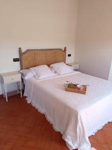 ein Schlafzimmer mit einem großen Bett und einer weißen Tagesdecke in der Unterkunft Tralla in Corcubión