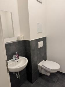 a bathroom with a sink and a toilet at Wunderschöne Maisonette Ferienwohnung in Leipzig Taucha 2 u 3 OG Mitte in Taucha