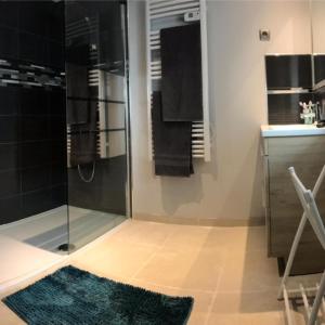 y baño con ducha de cristal y alfombra. en Mer et Bocage, en Beaubigny