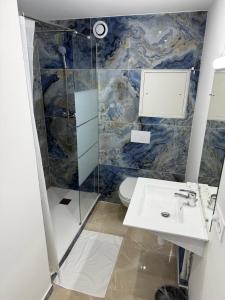 a bathroom with a shower and a sink and a toilet at Fasthotel Soissons Nord in Soissons