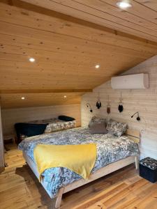 a bedroom with a large bed in a wooden ceiling at Petit paradis in Soustons +42 photos