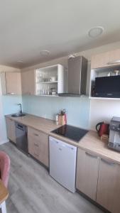 a kitchen with wooden cabinets and a counter top at Tiny cozy apartment 'Unihus' in Varėna +5 photos