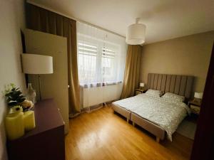 una camera da letto con un letto e una grande finestra di Apartament Sweet Time a Huta Szklana