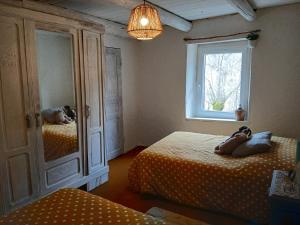 a bedroom with two beds and a mirror at Maison de campagne 60m2 in Tailhac