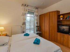 a bedroom with two beds and a tv and a window at Villa Christiane Wohnung 8 in Heringsdorf
