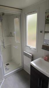 une salle de bain avec une douche, un lavabo et un miroir dans l'établissement Mobil home Piriac détente boisée, à Piriac-sur-Mer 7 autres photos