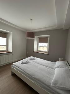 a bedroom with a large bed with two windows at Apartament Kryształ 2 in Piechowice +5 photos
