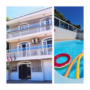 zwei Bilder von einem Haus und einem Swimmingpool in der Unterkunft Hotel Hospedagem Palhoça in Palhoça