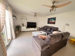 a living room with a couch and a tv at Villa Majunaxa in Corralejo