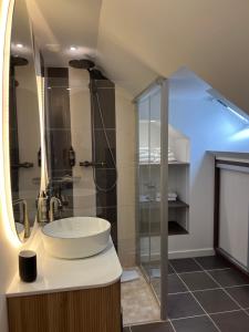 a bathroom with a sink and a shower at Jerzual-Grand Duplex Dinan centre-ville in Dinan