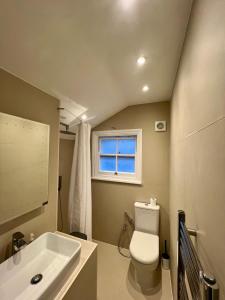 a bathroom with a toilet and a sink and a window at Spacious 1-bed Central London flat in London