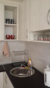 a kitchen with a sink and a counter with a counter at Studio Stonel in Veliko Tŭrnovo
