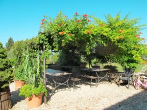a garden with a table and chairs under a tree with red flowers at Holiday Home Linearis K by Interhome in SantʼAppiano