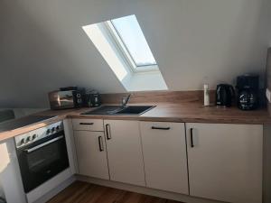 a kitchen with a sink and a window at Oderbruch Ferienwohnung Am Speicher in Neulewin +10 photos