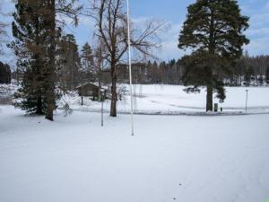 ein schneebedecktes Feld mit Bäumen und einer Stange in der Unterkunft Holiday Home Kylpylä-hotelli- room 242 by Interhome in Ikaalinen
