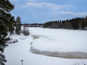 ein gefrorener See mit Schnee auf dem Boden und Bänken in der Unterkunft Holiday Home Kylpylä-hotelli- kekkosen sviitti- room by Interhome in Ikaalinen