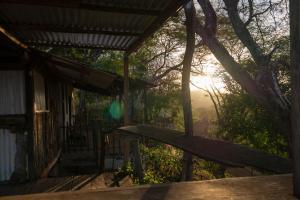 a porch of a house with the sun shining through the trees at Casa Medusa in El Gigante