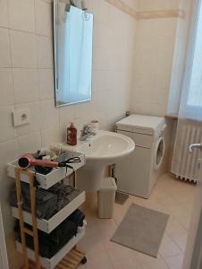a bathroom with a sink and a washing machine at Ca 'Romanel in Garda +33 photos