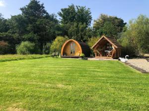 a small wooden cabin in a field of grass at River View Pod in Muff +5 photos