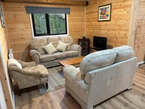 a living room with two couches and a tv at Rosies Cabin Maum in Galway
