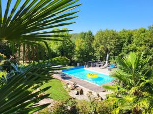 a pool in a backyard with a palm tree at La Renardiere in Le Vigan