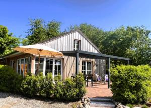 Una pequeña casa con una sombrilla delante de ella. en Gartenhaus L - Sommerhaus 54, en Grödersby