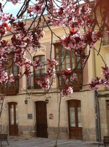 Um edifício com flores cor-de-rosa à frente. em Emebed Posada em Castrojeriz