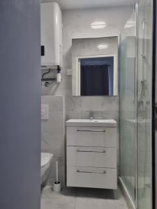 une salle de bain blanche avec un lavabo et une douche dans l'établissement Chambre privée - Vue Tour Eiffel, à Paris