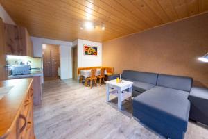 a living room with a couch and a table at Agroturystyka u Matysa Wisła apartamenty i pokoje Widoki na góry Basen grill balia szlaki turystyczne spacery Zwierzęta duży plac zabaw in Wisła
