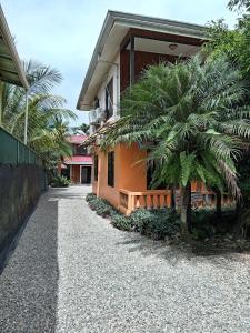 a house with a palm tree next to a driveway at PuertoViejo in Puerto Viejo