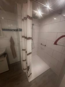 Un baño con ducha con cortina de ducha. en Ferienwohnung Wilma, en Wadgassen