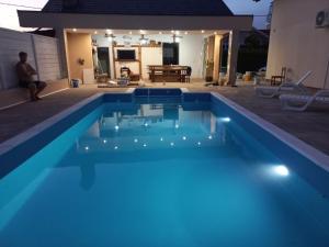 a swimming pool with blue lighting in front of a house at Villa Aida in Bihać