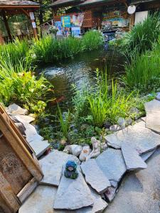un giardino con uno stagno e una tartaruga sulle rocce di Springbrook Inn East Room a Houghton Lake