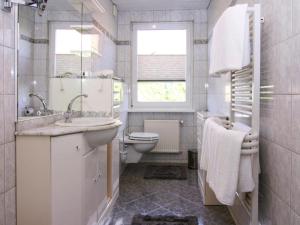 a bathroom with a sink and a toilet and a window at Ferienhaus Yvonne in Wendorf im Bernstein Resort in Wendorf +18 photos