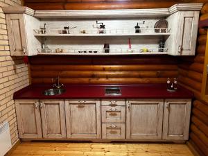 a kitchen with wooden cabinets and a sink at Jazvenik Hill House in Sisak