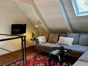 a living room with a couch and a tv at Wisteria Österlen in Simrishamn