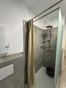 a shower with a glass door in a bathroom at MA Apartments - Free Parking, Free WiFi, Relax & Coffee, in Duisburg +9 photos