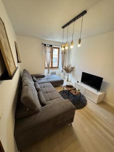 a living room with a couch and a flat screen tv at Jolie T2, 55 m, centre ville soultz in Soultz-Haut-Rhin