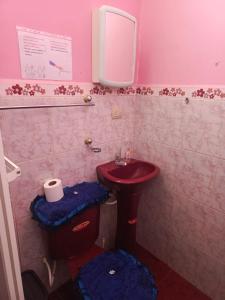 a bathroom with a red sink and a toilet at Lobito in Puerto Baquerizo Moreno