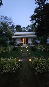 a small white house with lights in a yard at Tiny beach house, Private vacation home in San Francisco