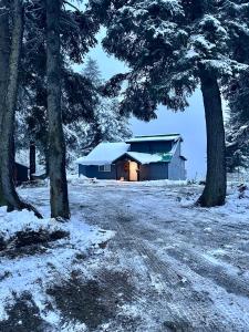 a barn with snow on it in a field with trees at Paradise Suites The Wolf Den in Homer
