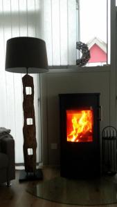 ein Wohnzimmer mit einem Kamin und einer Lampe in der Unterkunft Ostsee - Reetdachhaus Nr 9 "Emma" im Strand Resort in Heiligenhafen