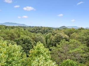 a view of a forest with mountains in the background at Honeybear Hideaways - Luxurious Modern 7BR Cabin with Indoor Pool, Game Room, Hot Tub & Fireplace in Sevierville