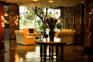 a living room filled with furniture and a fountain at Hotel Mayoral in Rosario
