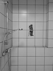 a person standing in a shower in a bathroom at Landhaus mit Weitblick in Holtsee