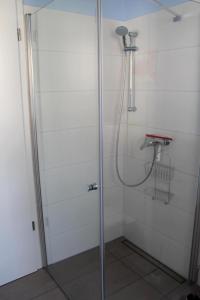 a shower with a glass door in a bathroom at Seeschwalbe App 34 in Neuhaus +17 photos